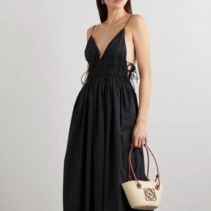 Matteau Tie-Detailed Shirred Organic Cotton-Poplin Black Maxi Dress Sleeveless